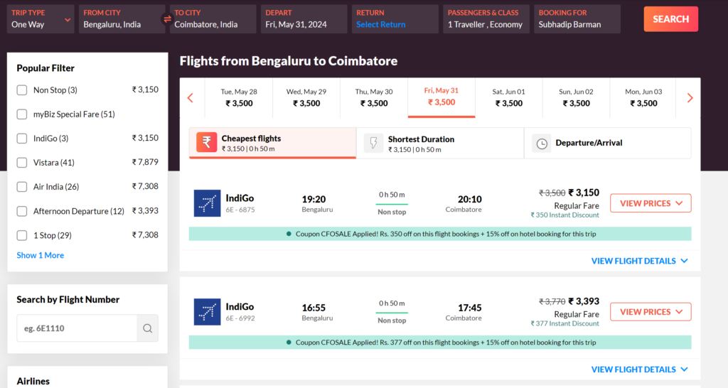 Bangalore to Coimbatore flight price